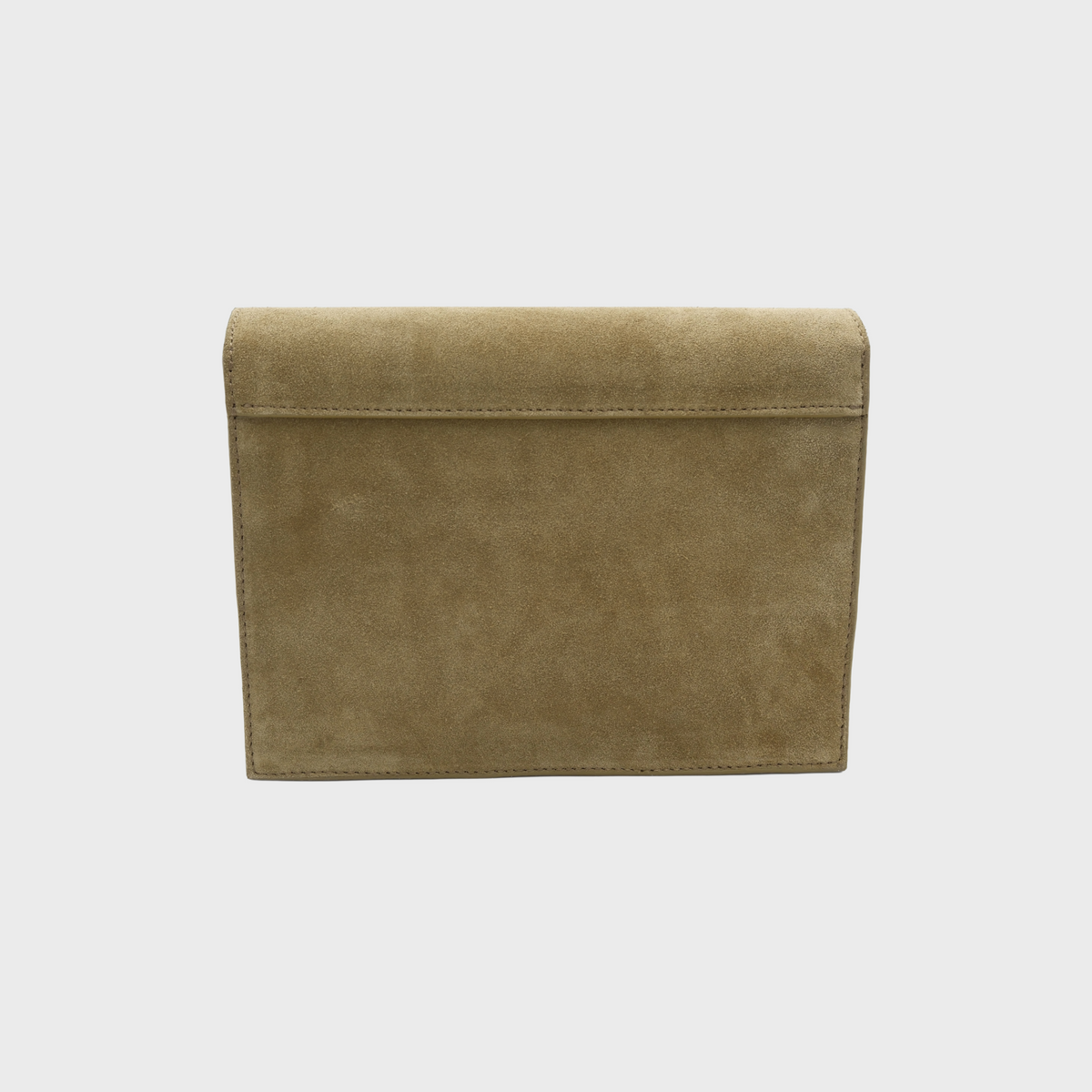 The back of a rectangular suede clutch bag in a muted olive green colour, shown against a solid light gray background.