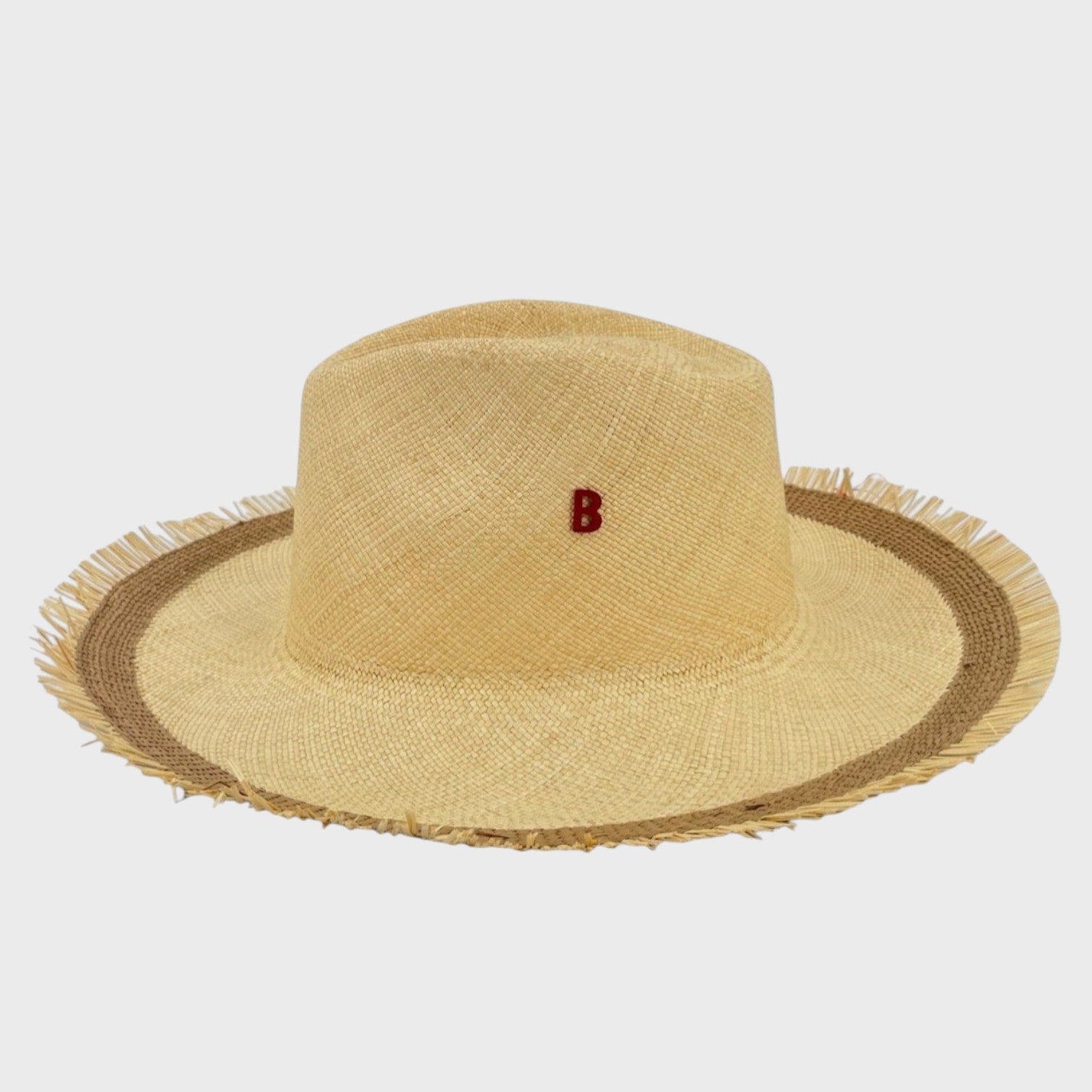 A beige and brown panama straw hat on the side.