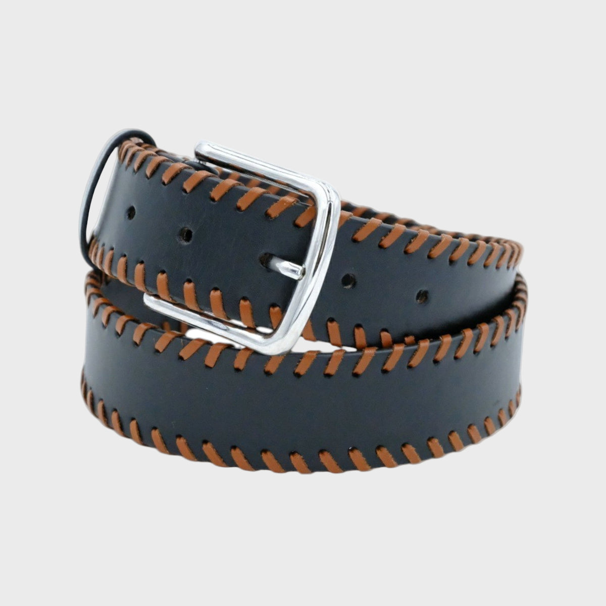 Black leather belt with brown stitching and silver buckle on a light gray background