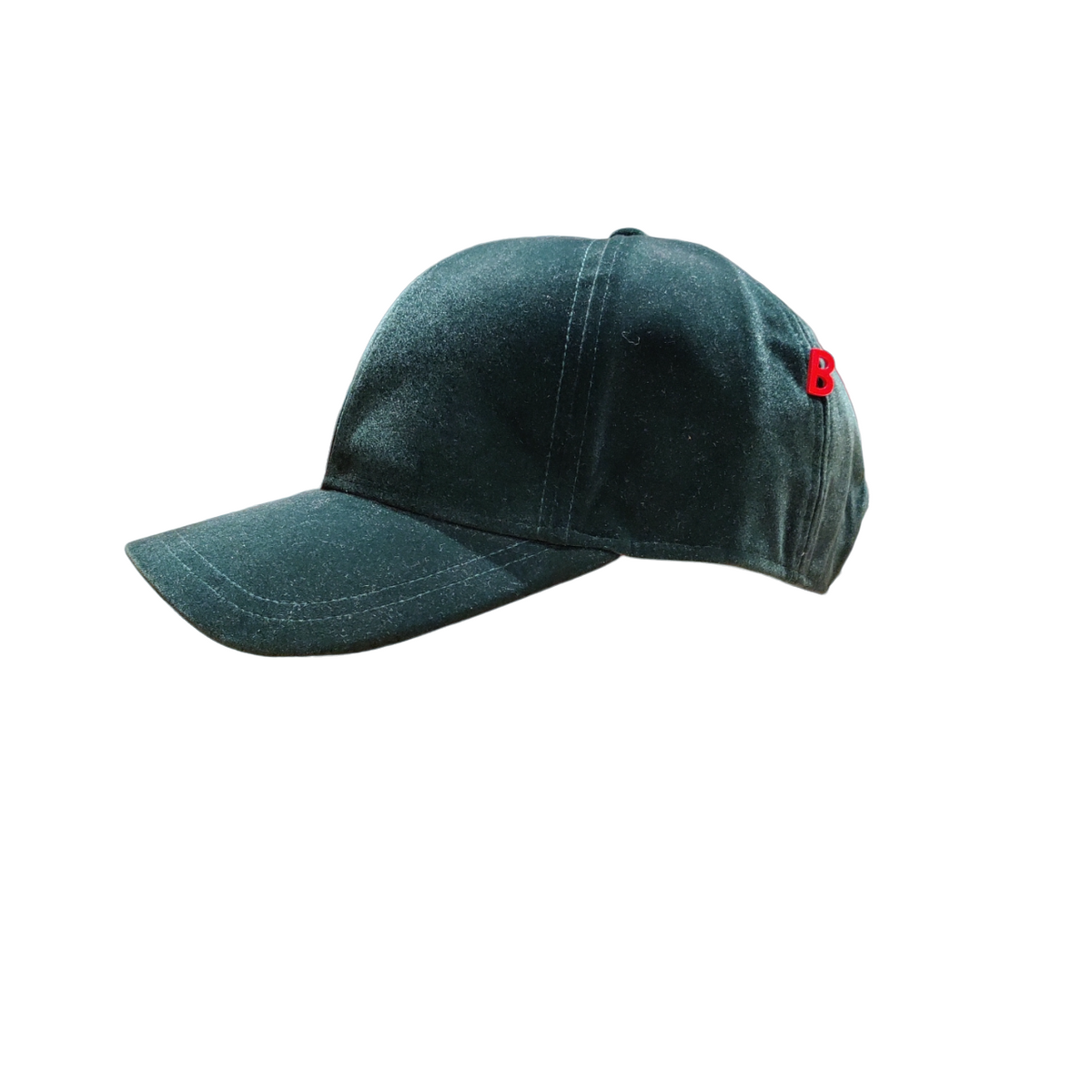 A black velvet cap on a white background.