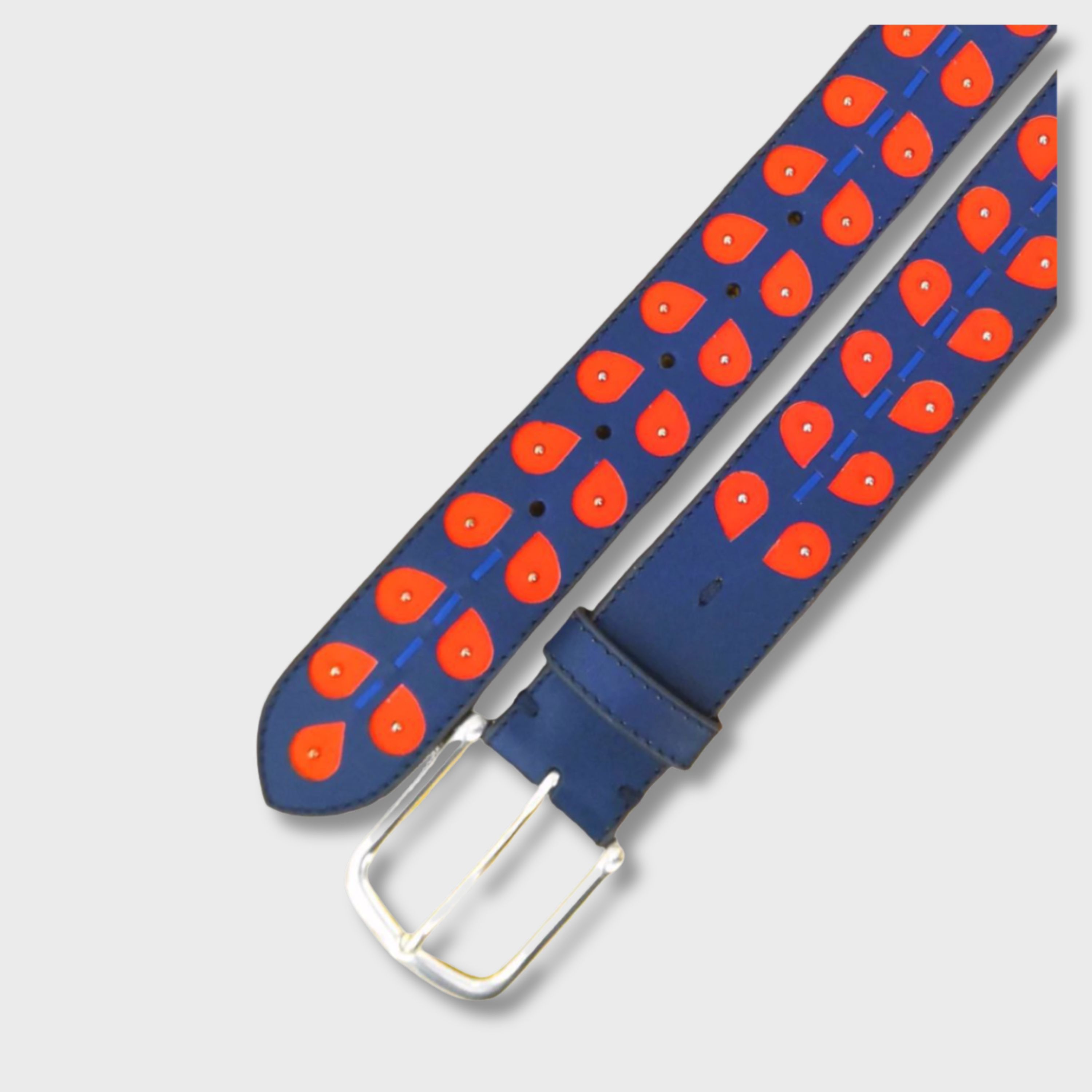 Close-up of the Blue & Red Leaves belt showing leather and bead detail