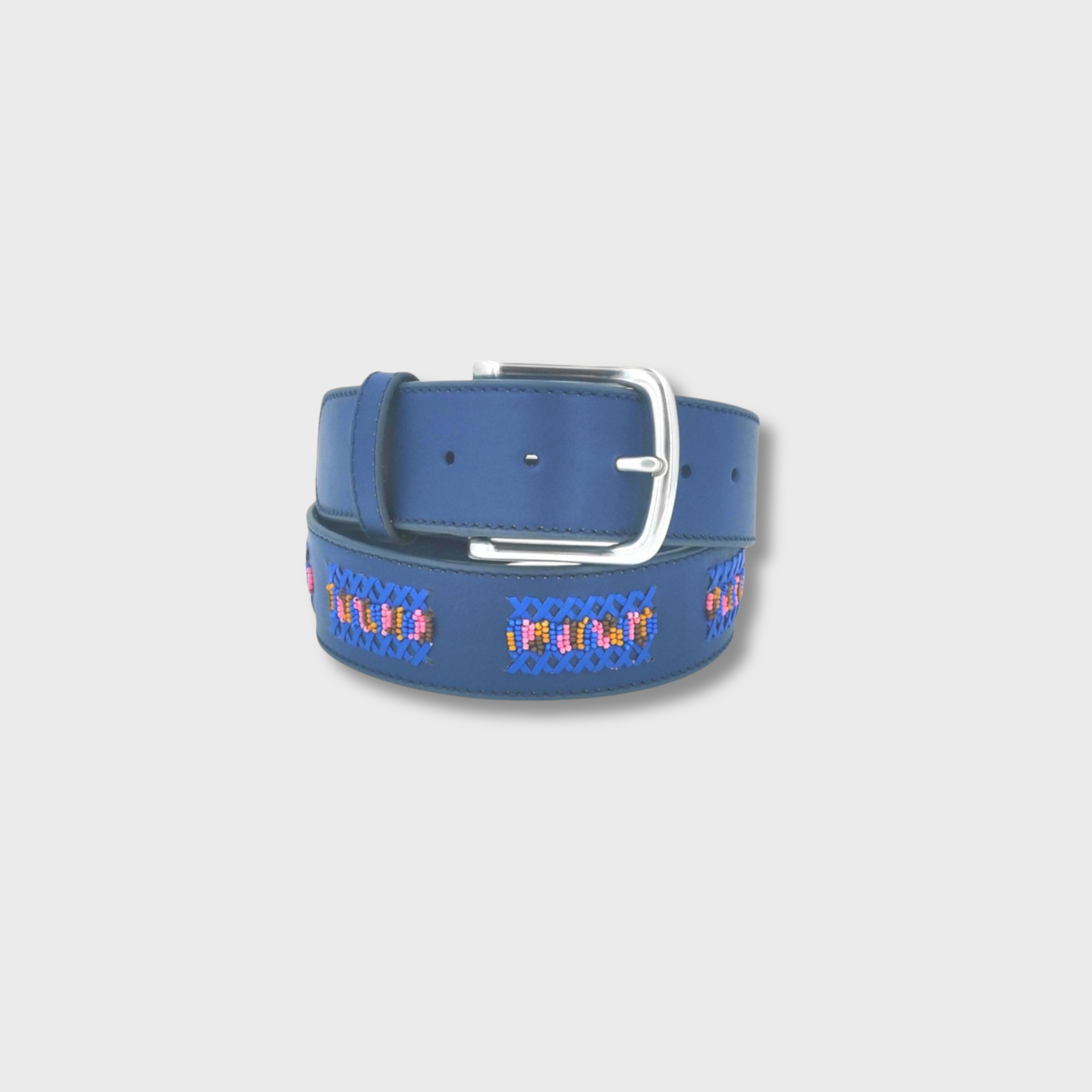 Blue Multicolour Stripe belt in leather and beads with silver buckle — MY BOB