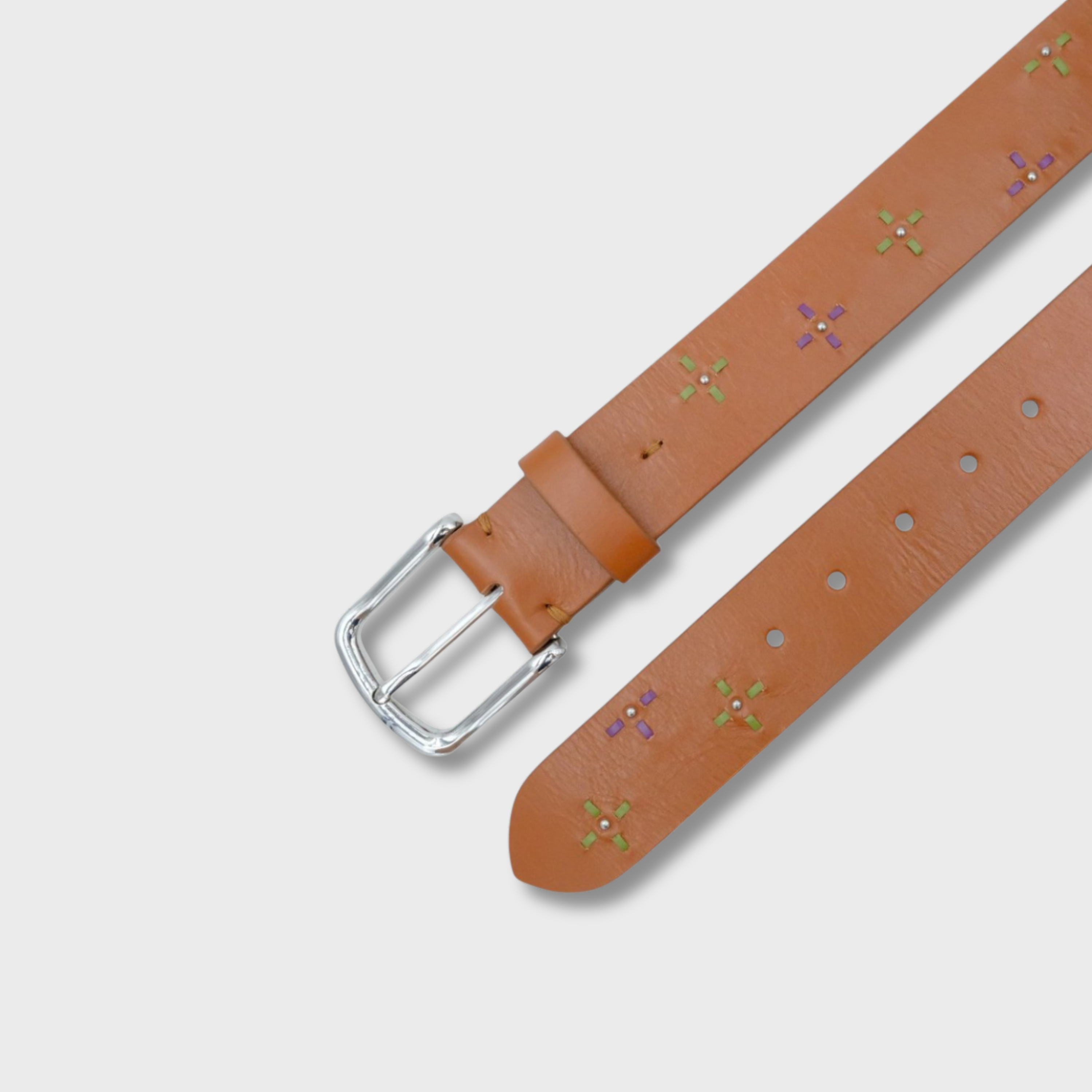 Close-up of the Brown leather Dots belt showing dot pattern detail