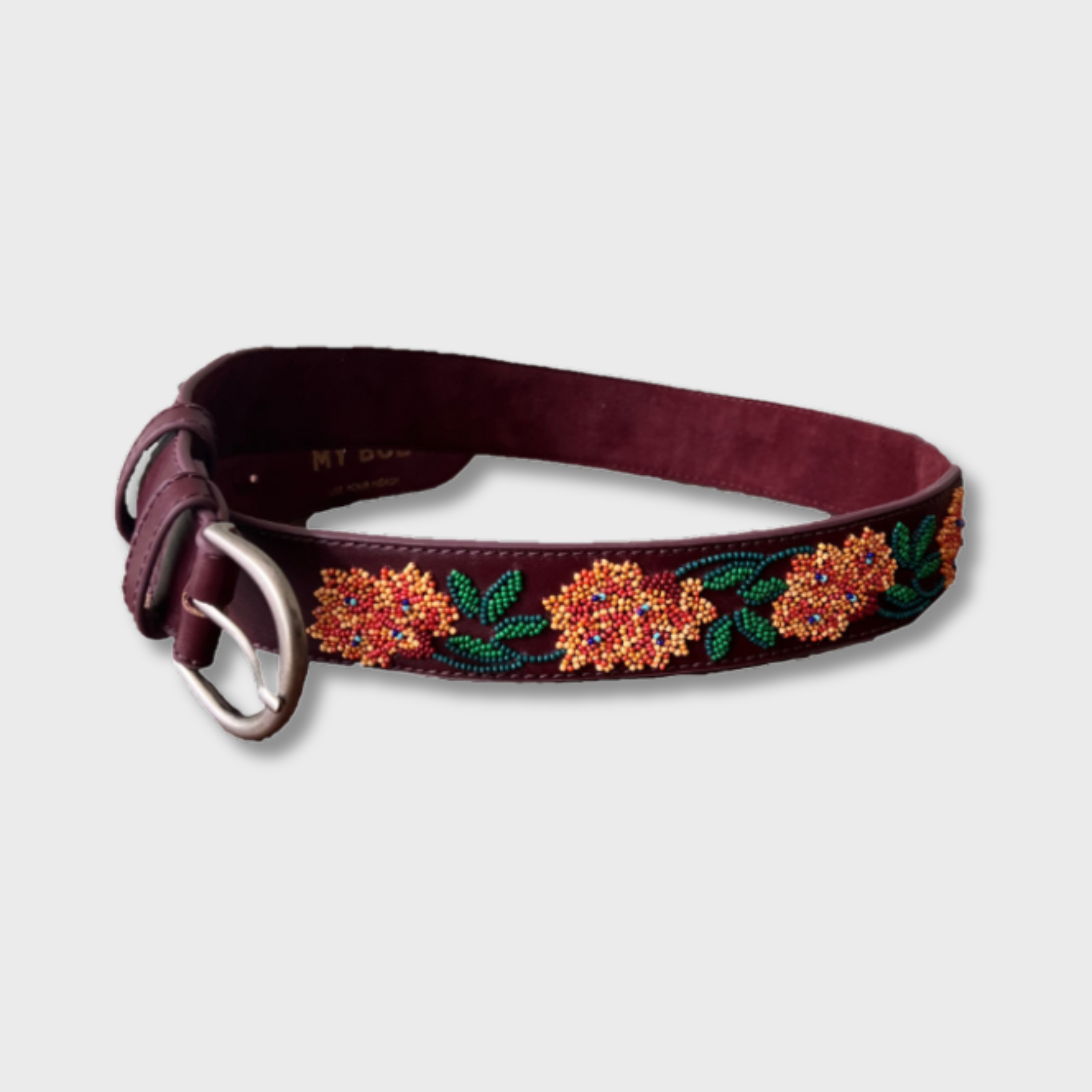 Oranges with Burgundy Flower belt in leather and beads with silver buckle — MY BOB