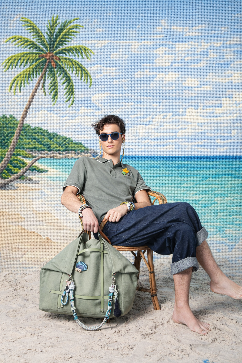 Man sitting on a beach with a palm tree and ocean in the background, holding the green canvas candide weekender bag.