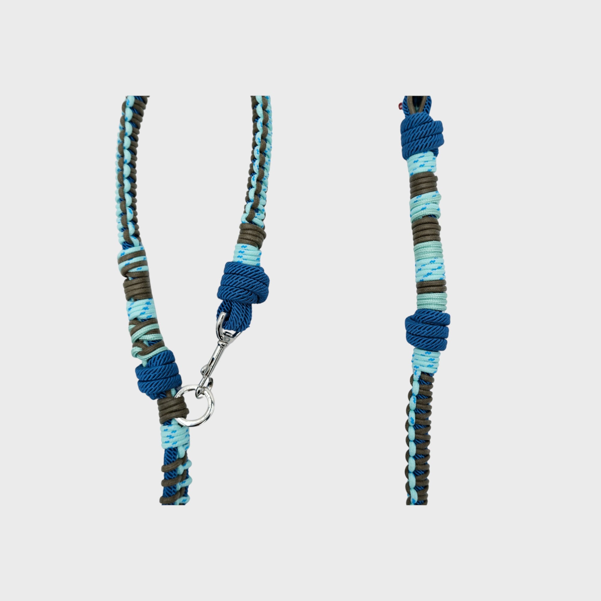 Close-up of the light and dark blue macramé dog leash.