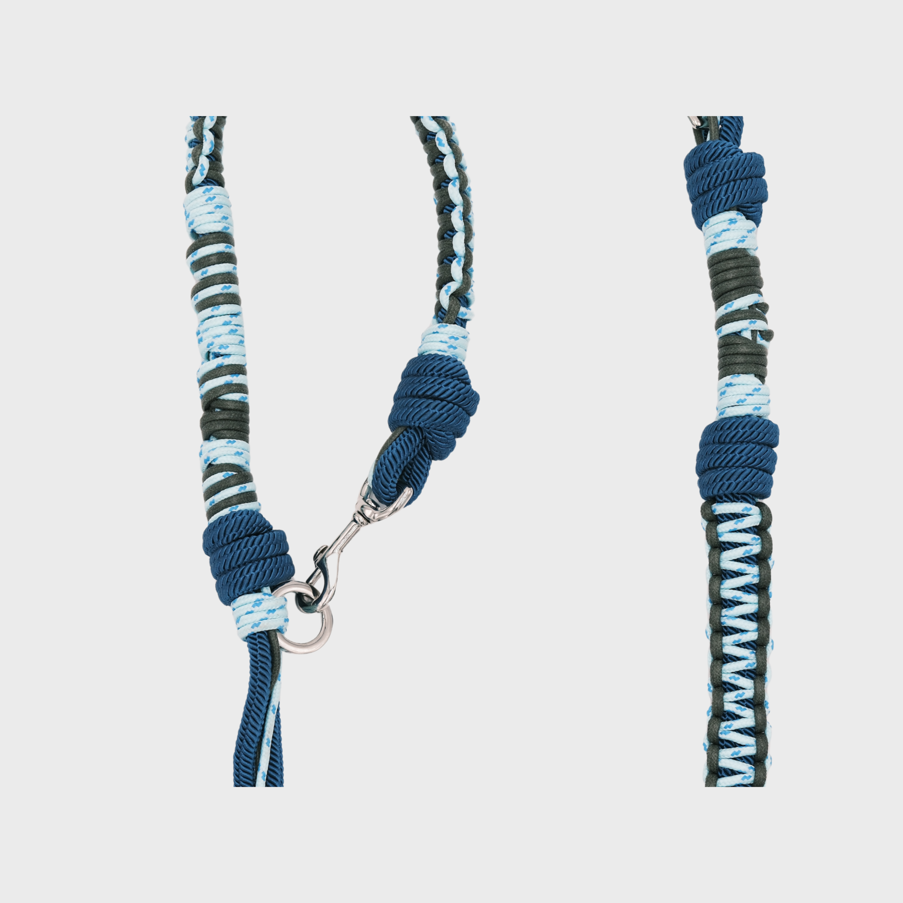 Closeup of the ight blue and dark blue Tarzan dog leash