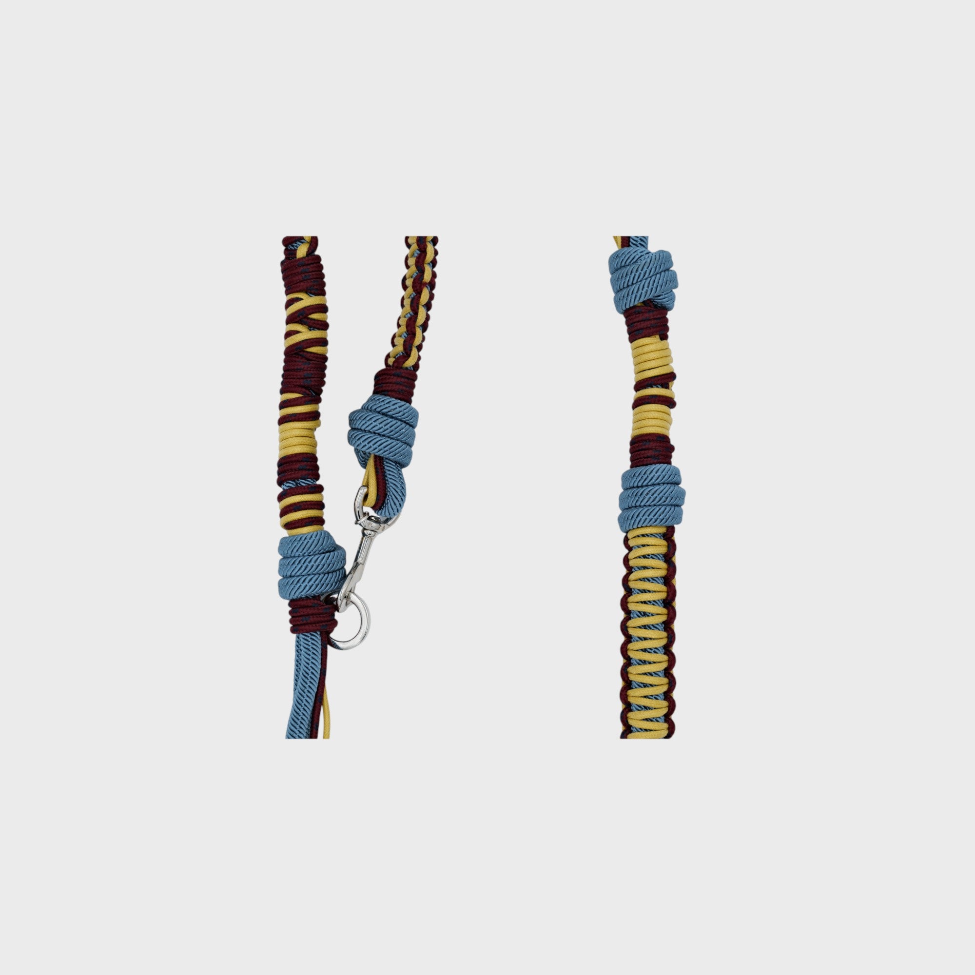 Close up of the yellow, blue and burgundy Tarzan Dog leash