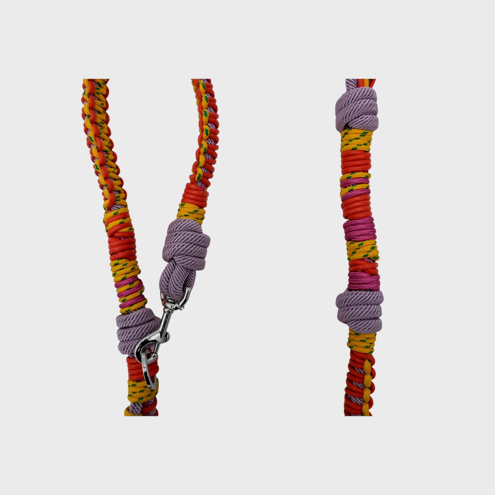 Closeup of the yellow, orange and purple Tarzan dog leash