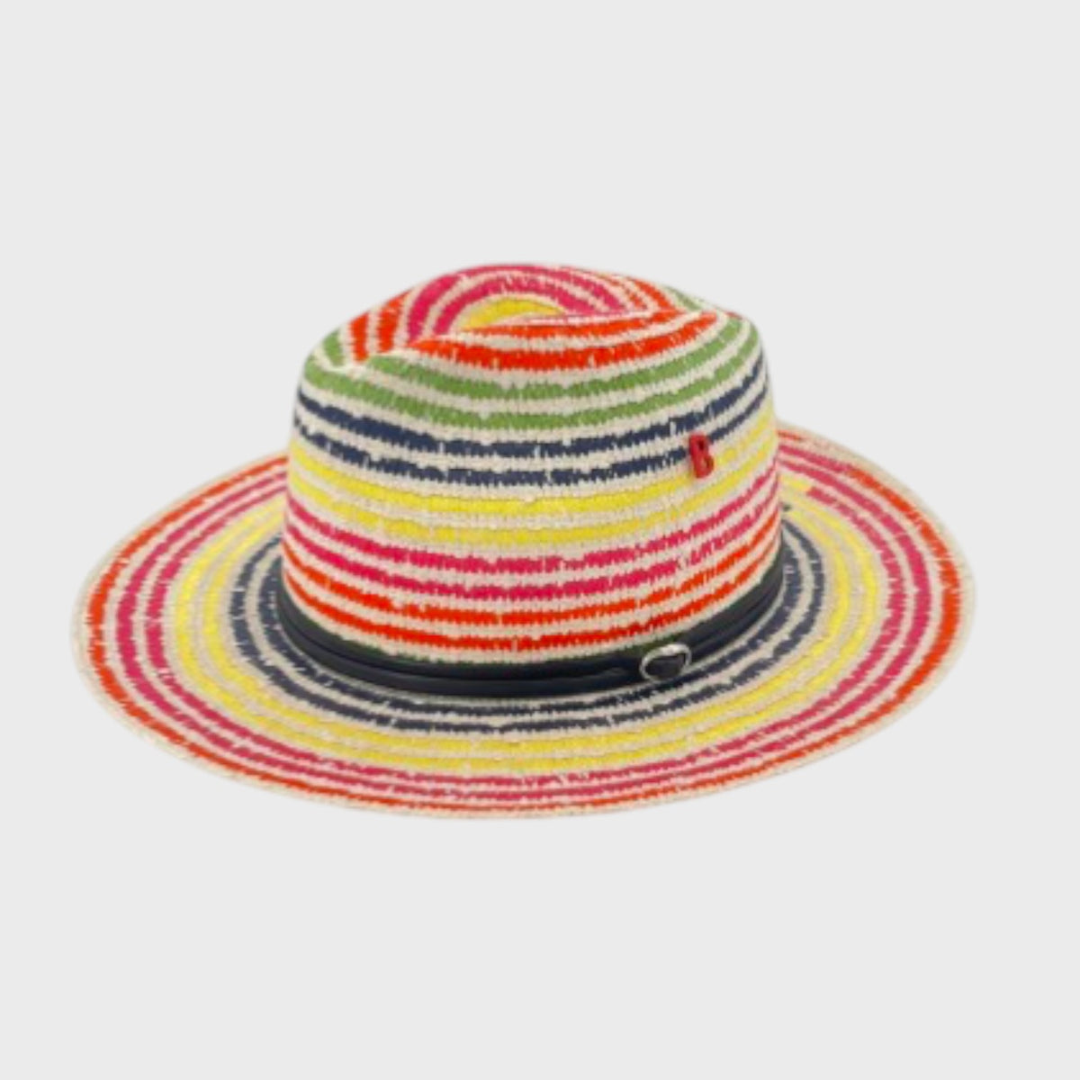 Colorful striped cotton hat with a black double leather band on a white background