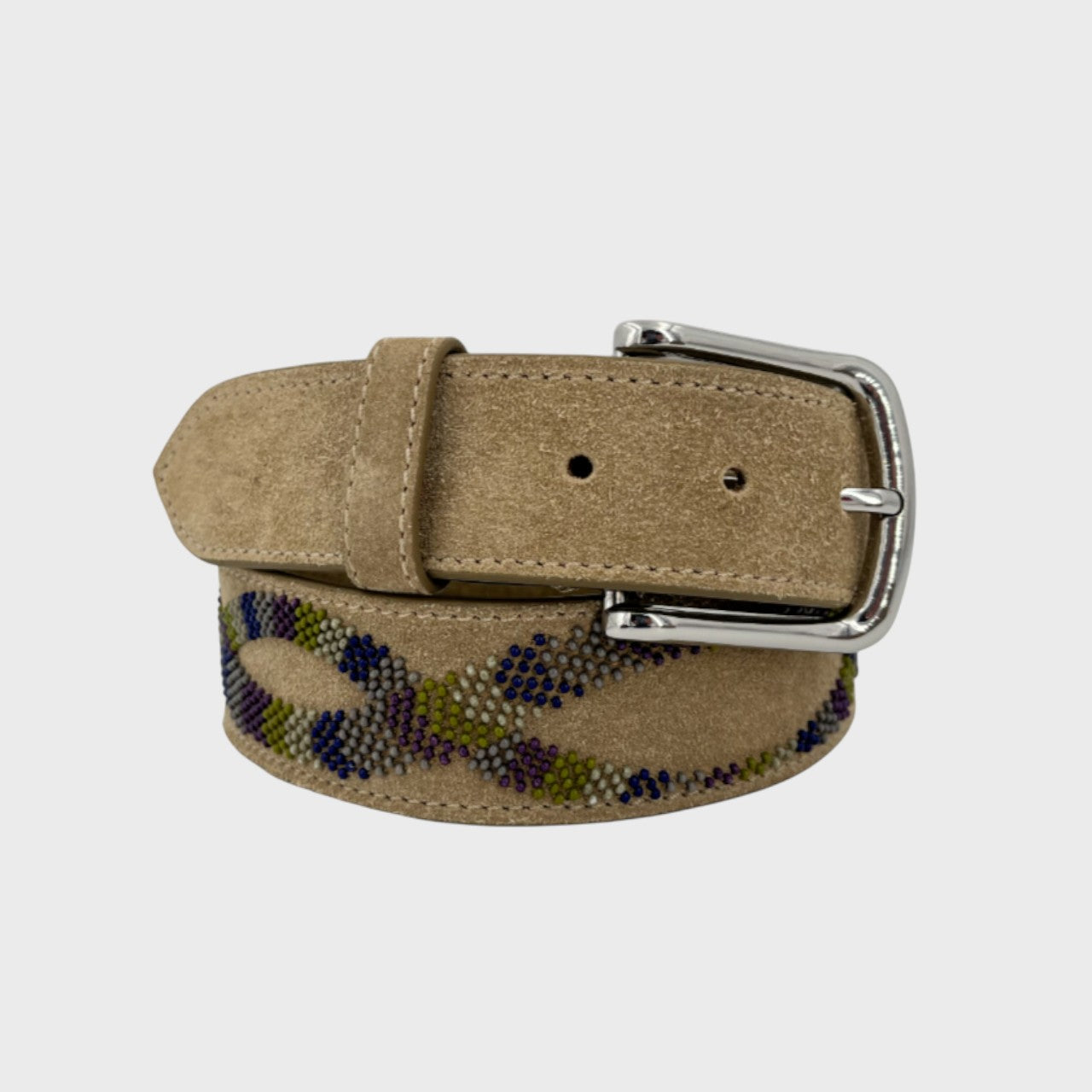 Beige suede belt with a silver buckle and a colourful embroidered snake pattern.