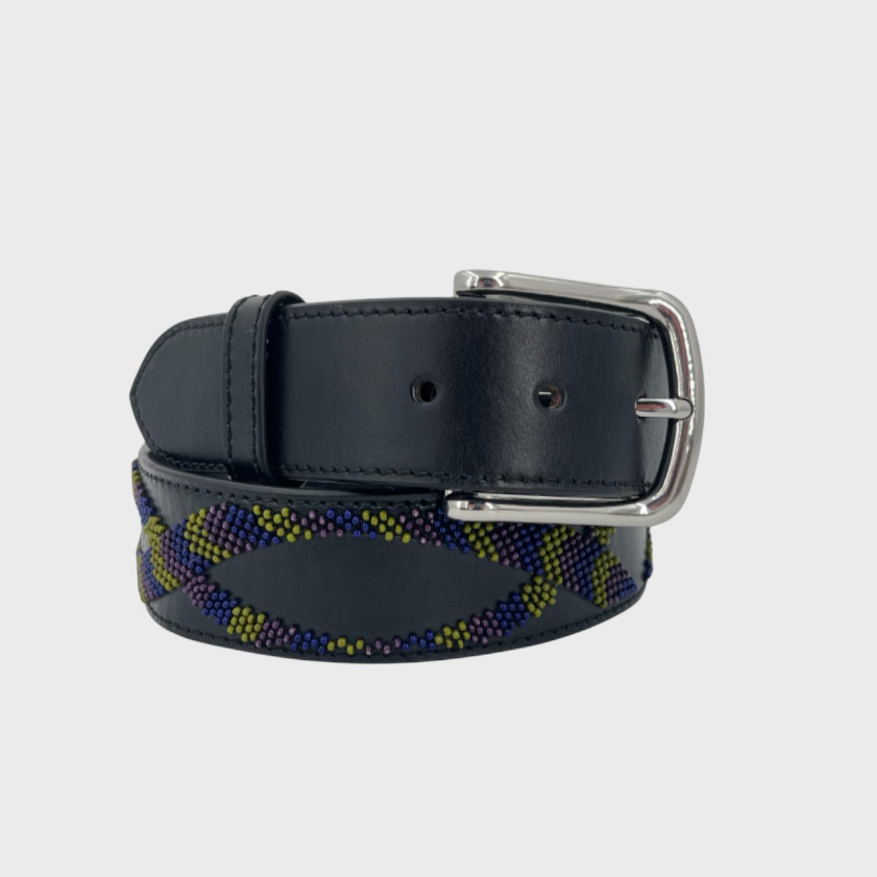 Black leather belt with a decorative snake embroidery and silver buckle.