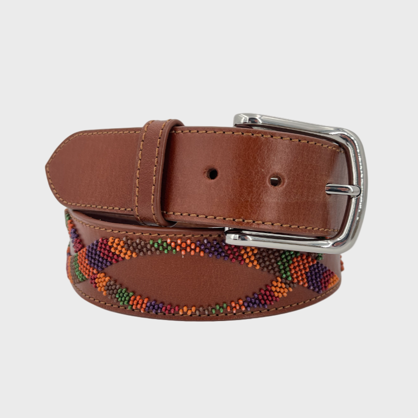 Brown leather belt with a colorful snake pattern embroidery.