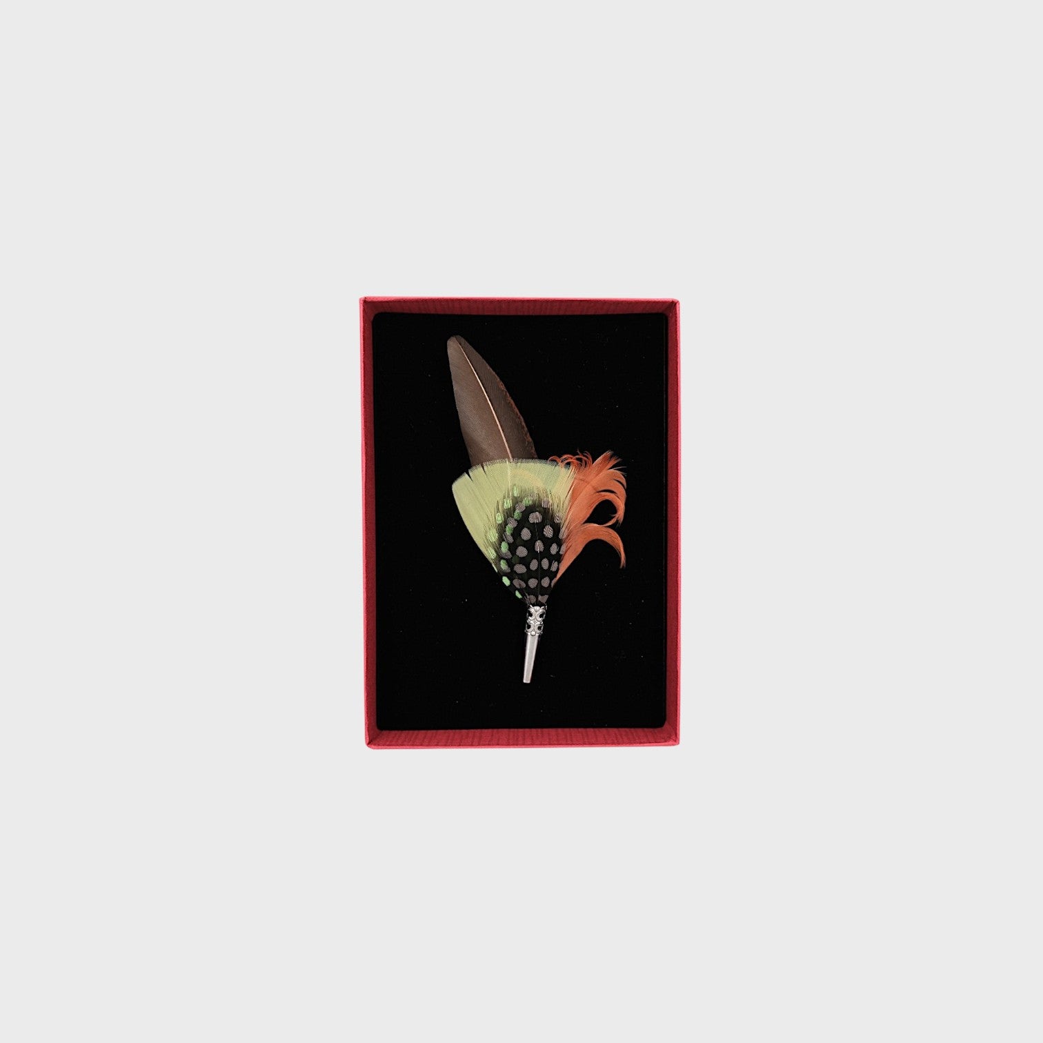 Green and red feather brooch in a box on a light gray background