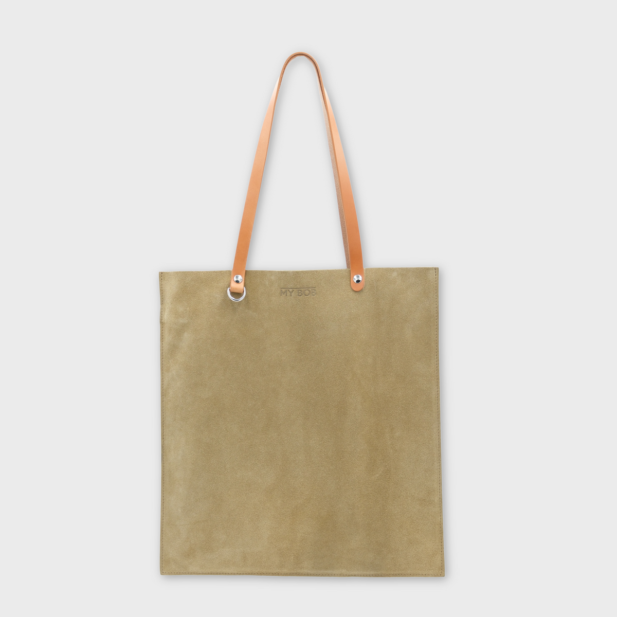 A minimalist tote bag in light green suede leather with contrasting light brown leather shoulder straps, shown against a light gray background.