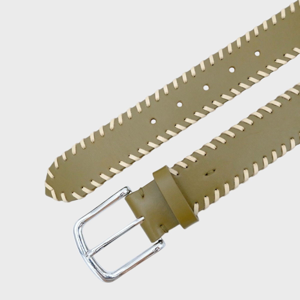 Green leather belt with white stitching shown in diagonal on a white background