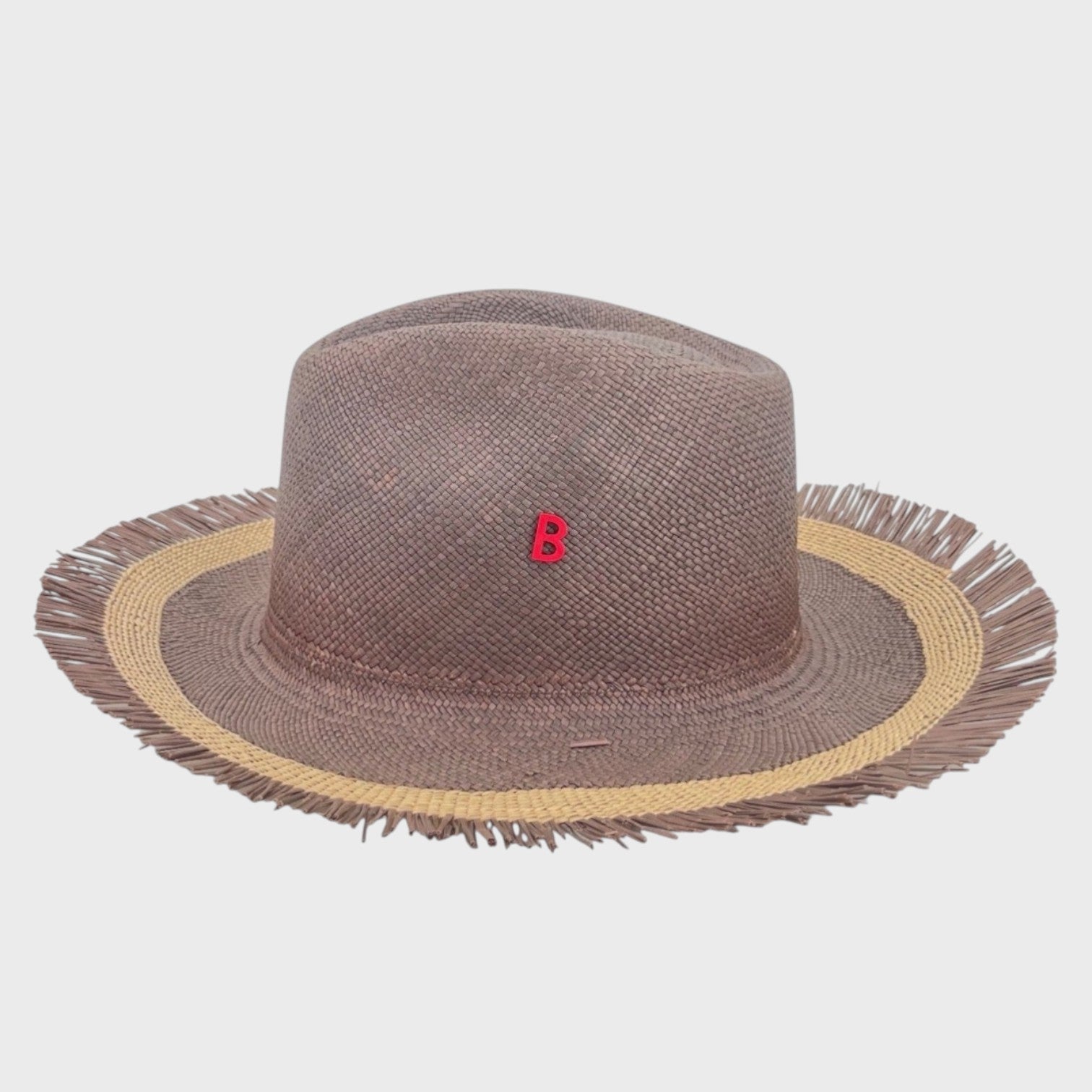 A grey and beige panama straw hat on the side.