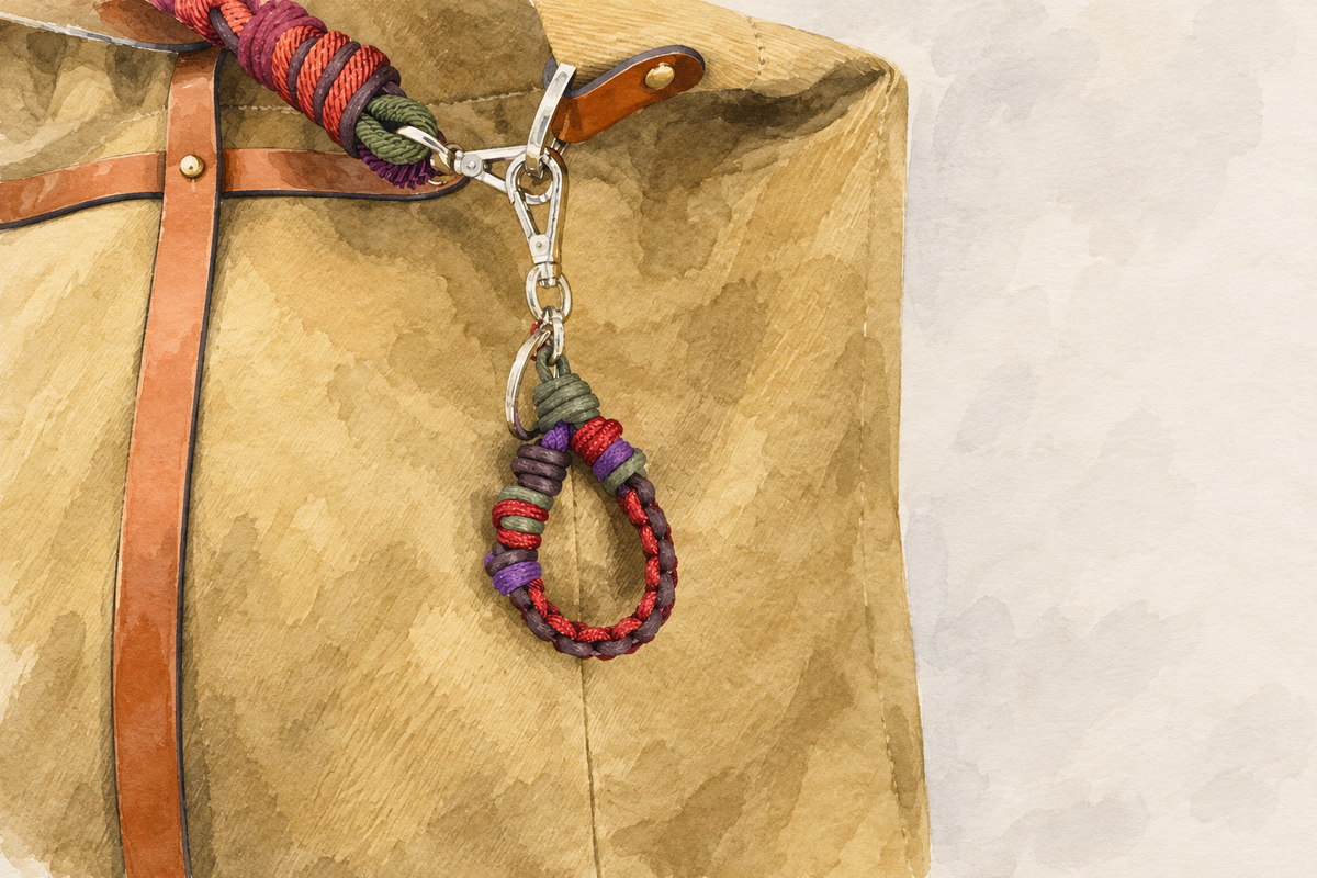 A close-up watercolor-style product photo of a mustard canvas bag with brown leather straps and a colorful woven macramé keychain or bag charm hanging from a metal clasp.