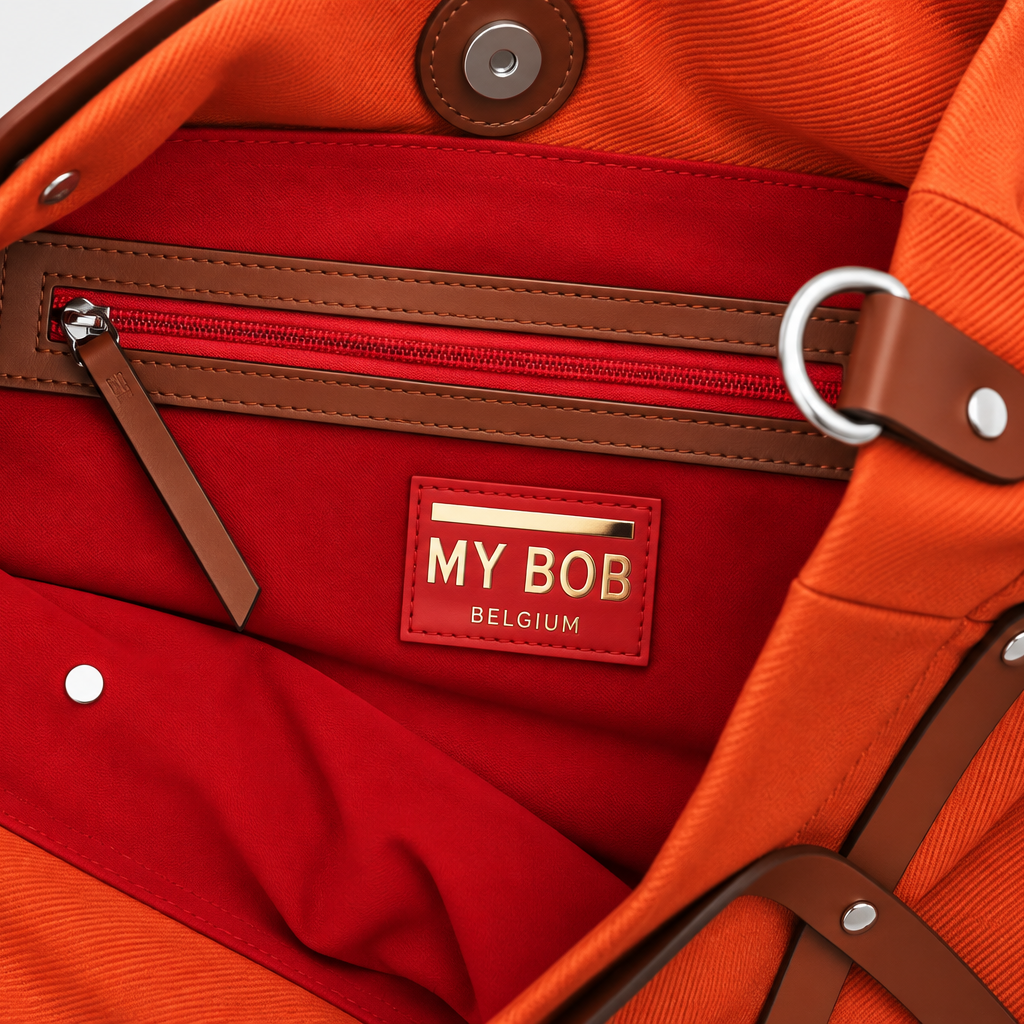Close-up of the interior of an orange canvas tote bag, showing a red velvet lining, brown leather trim, a zippered pocket, and a central brand patch that reads 'MY BOB BELGIUM'.