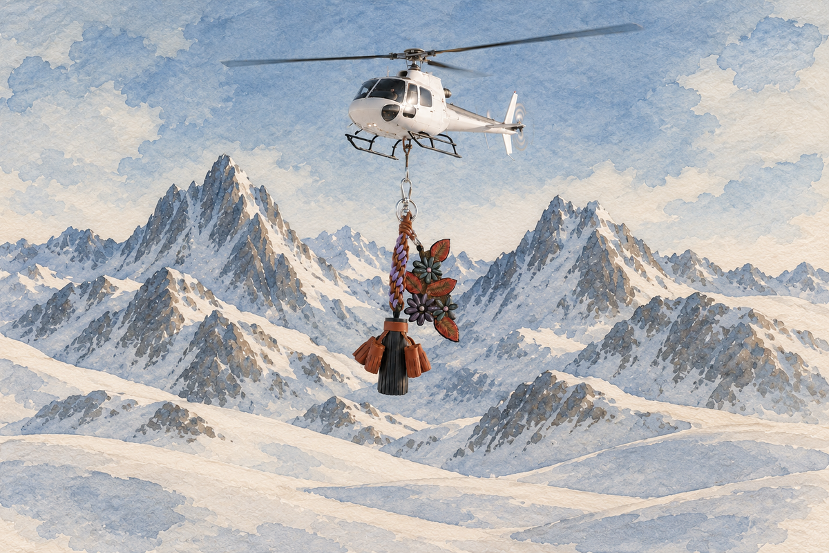 A watercolor-style illustration of a white helicopter flying over snow-covered mountains, with a hanging Lorea Harr key ring