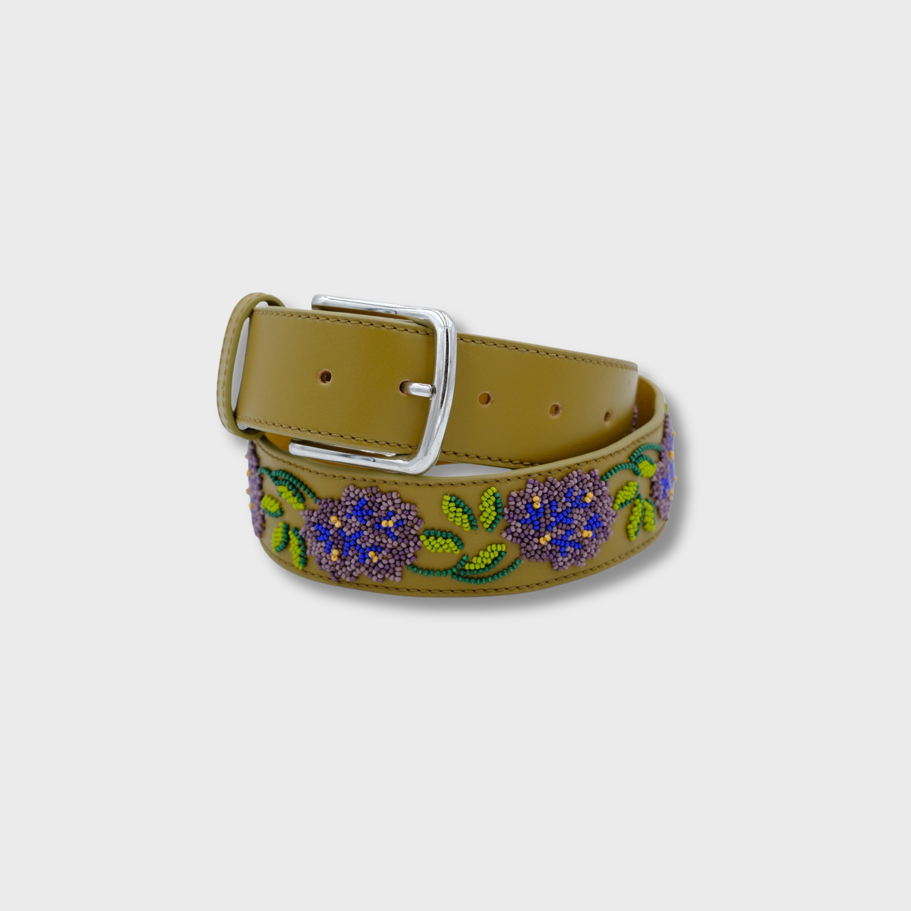 Purple & Blue with Pistachio Flower belt in leather and beads with silver buckle — MY BOB