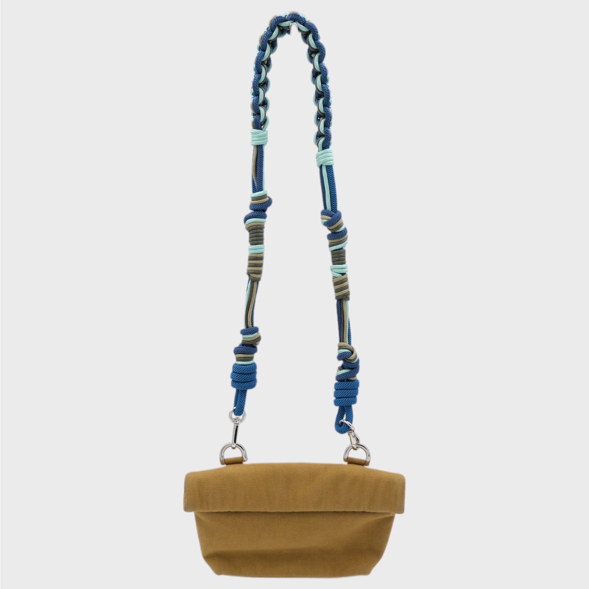 Mustard canvas pouch bag with a blue and gray braided strap