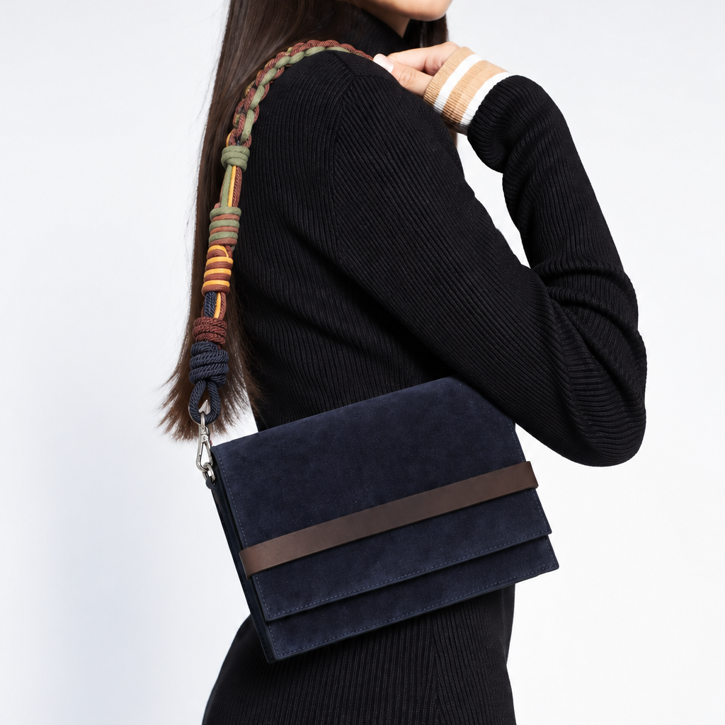 A woman wearing a black ribbed turtleneck dress carries a navy blue suede crossbody bag with a brown band and a colorful braided strap, photographed against a light gray studio background.