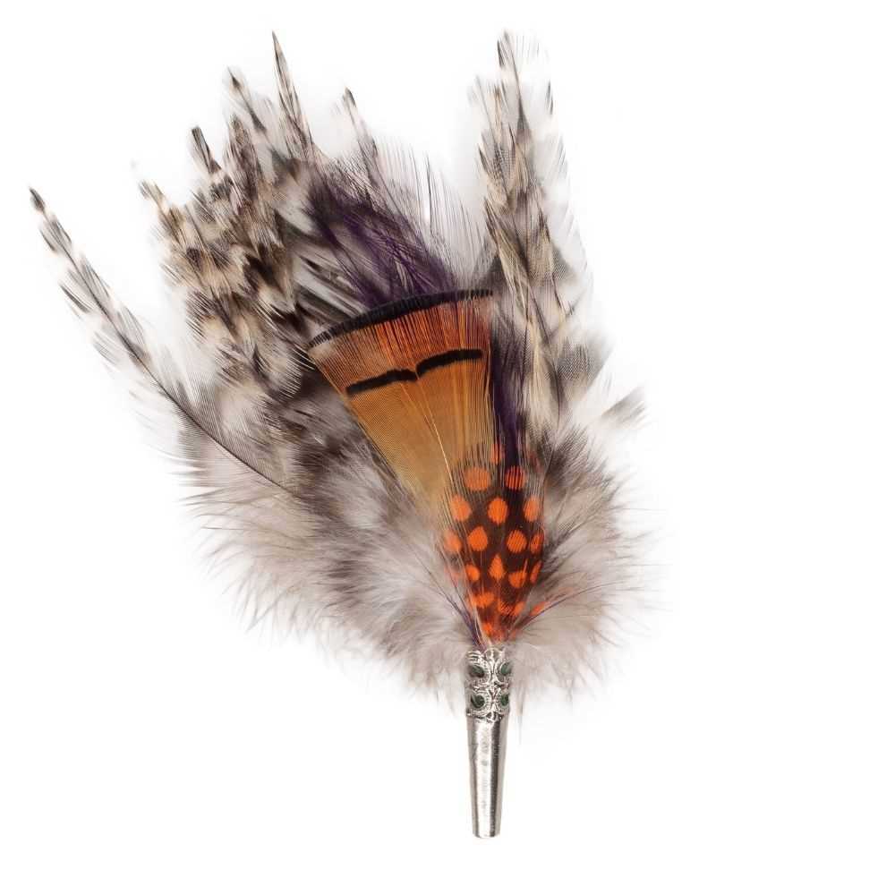 A feather brooch with orange, purple and white feather.