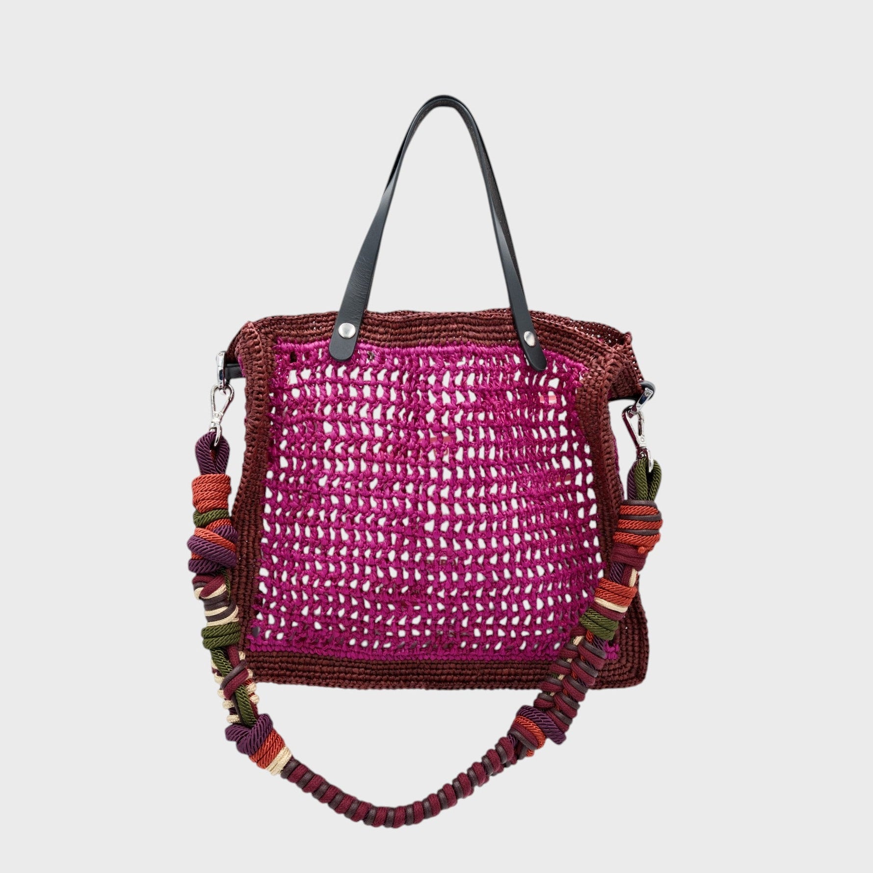 Raffia Cabas Handbag with shades of pink and brown and a burgundy macramé strap.