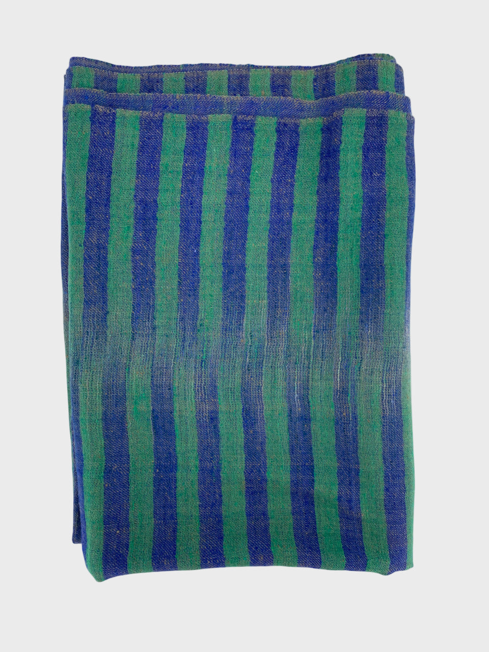 Folded cashmere shawl or scarf with purple and green vertical stripes on a white background