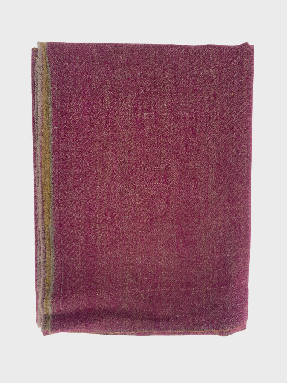 Folded purple cashmere shawl with a yellow border on a white background