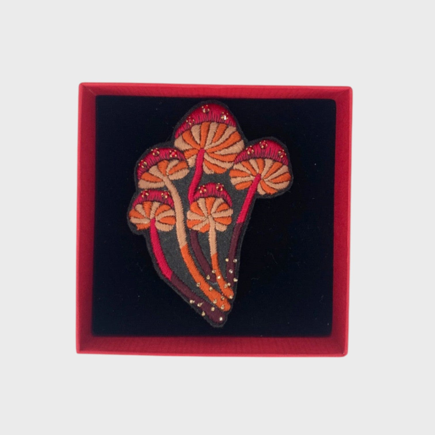A red Myco Mushroom bucket brooch in a red box.