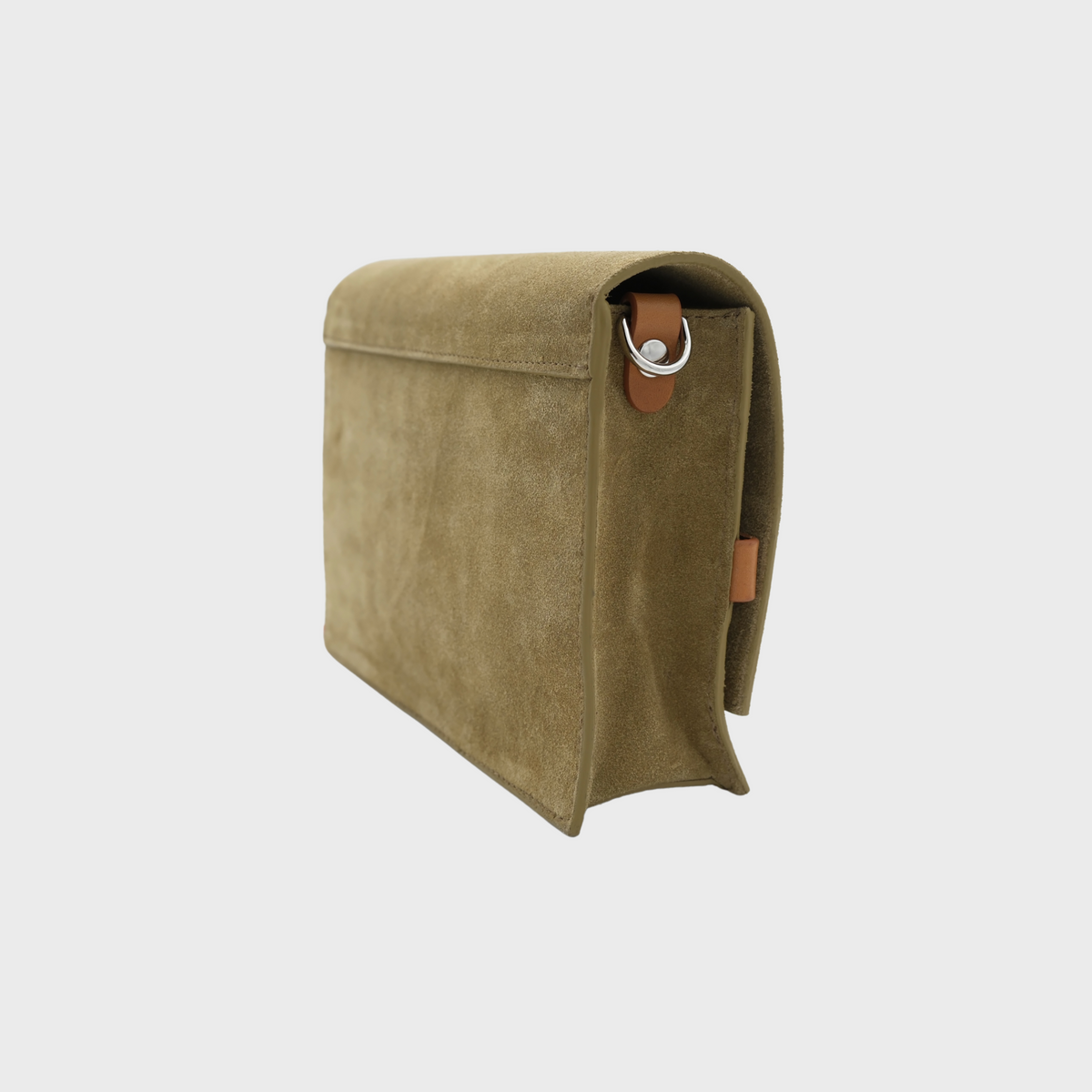 A side-view shot of a muted olive green suede shoulder bag with a brown leather strap detail and silver metal hardware, set against a plain light gray background.