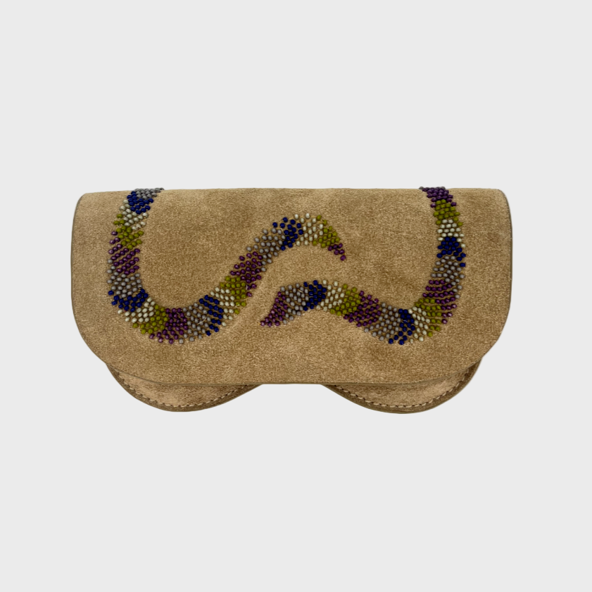 A brown suede leather glasses case with an embroidered blue, purple, green and grey snake on it.