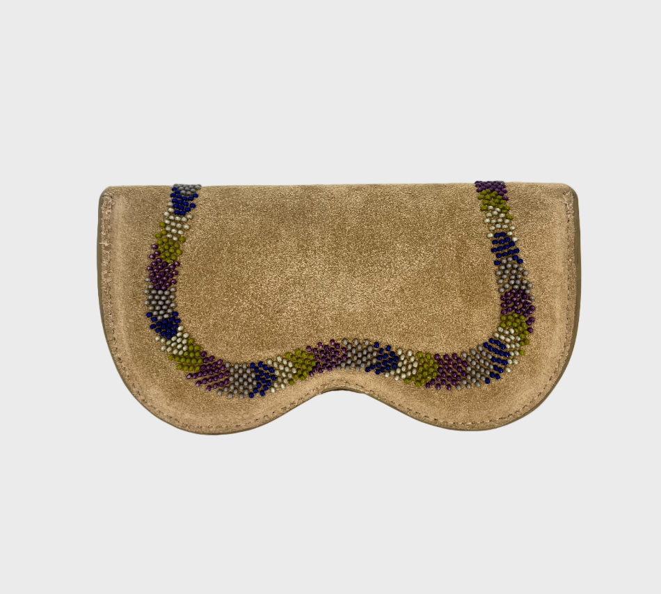 The back of a brown suede leather snake glasses case with the end of the multicolor snake.