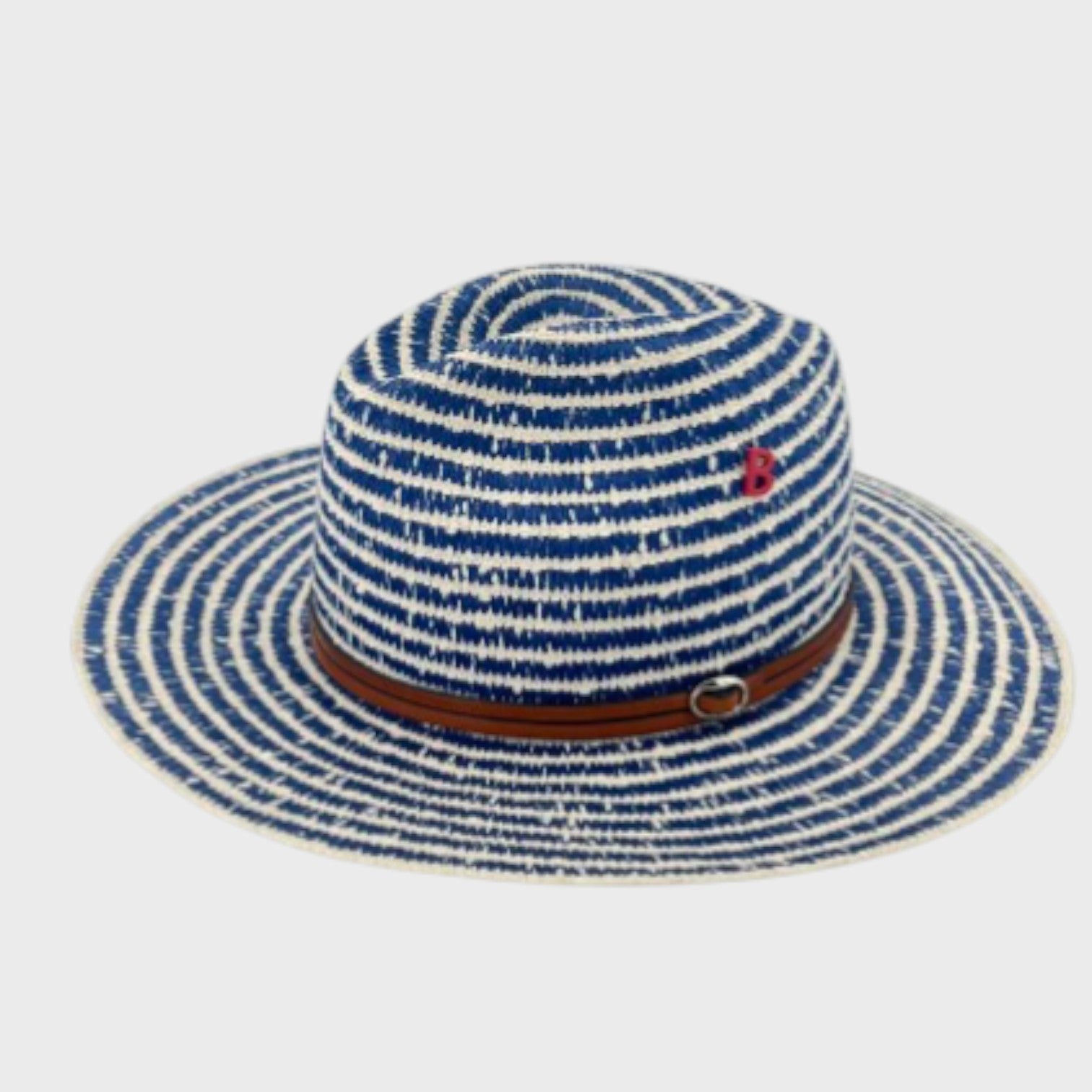 A blue and white striped cotton hat with a brown leather band around it.