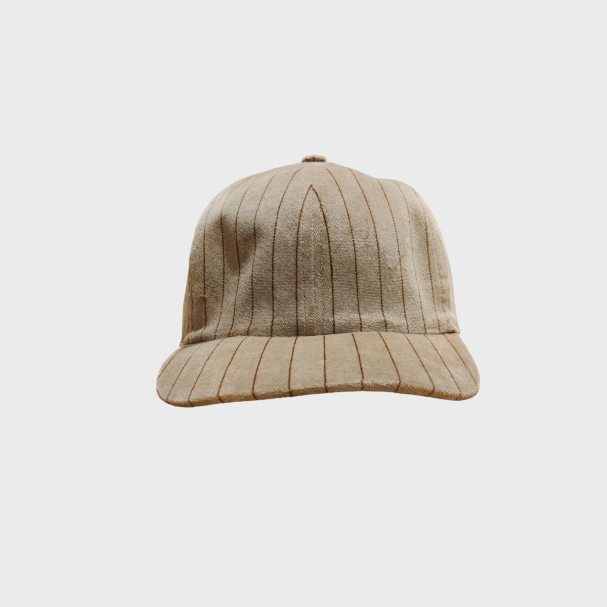 A striped Baseball cap in velvet brown facing the camera.