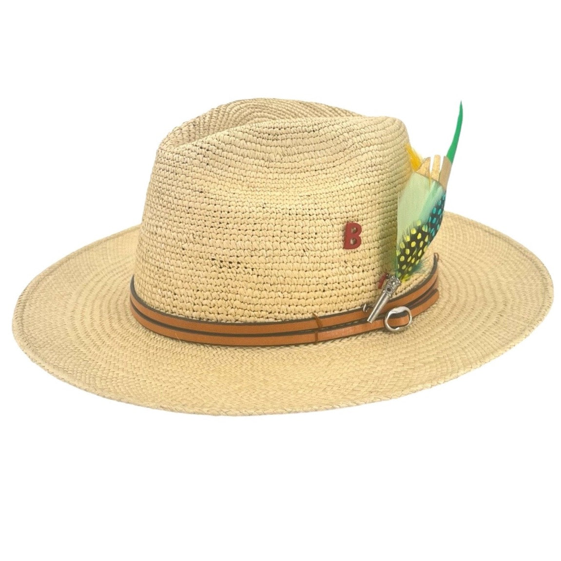 A straw hat with a brown double leather band and a colourful feather brooch.