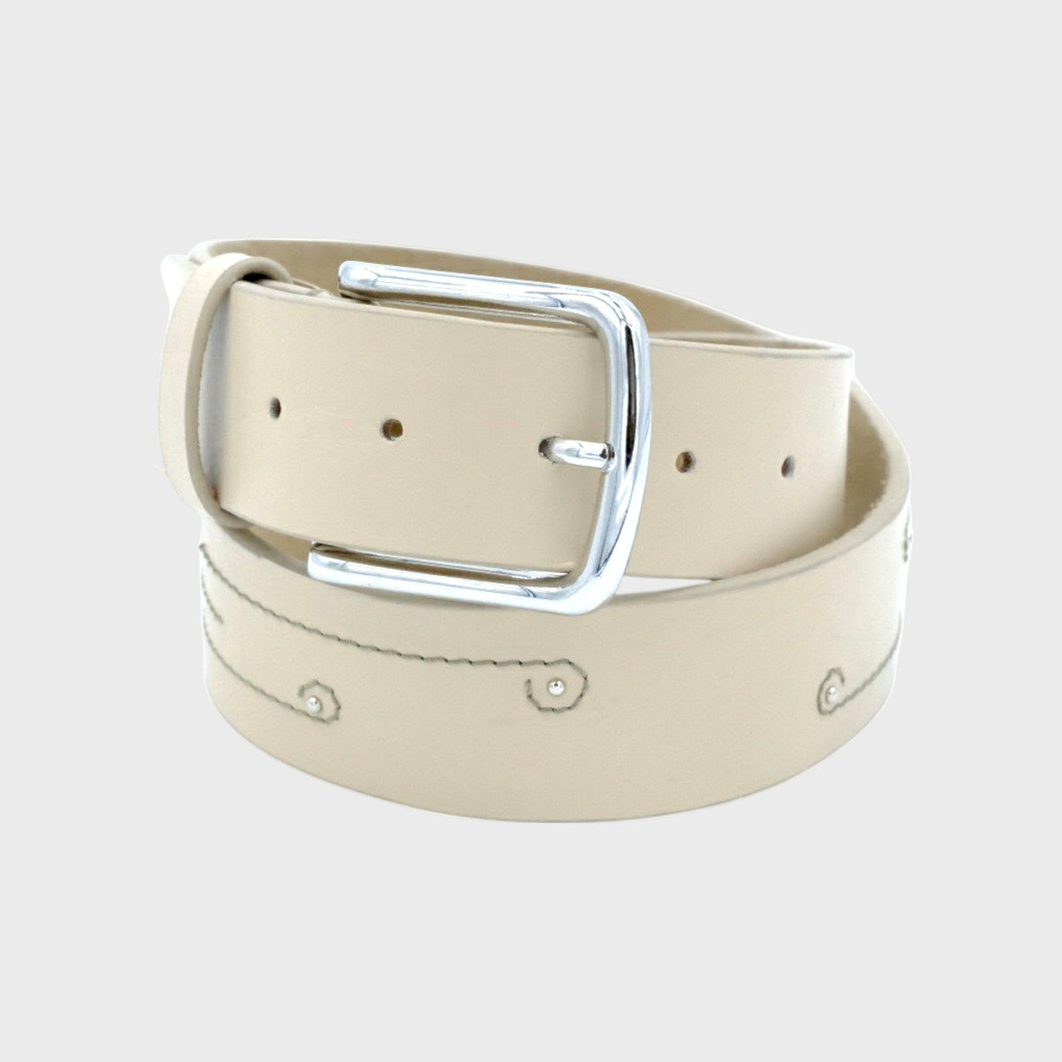 Beige belt with small stitched details and a silver buckle on a light gray background
