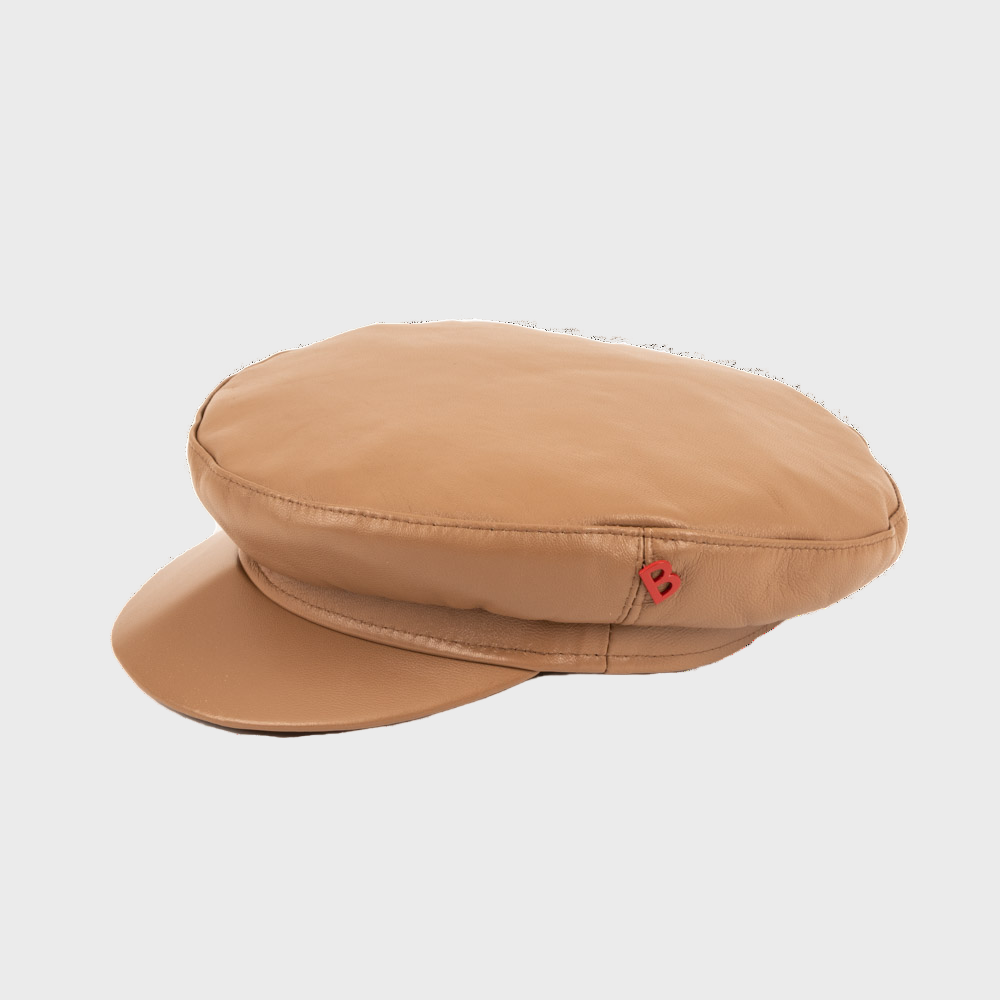 Beige cap with a red B logo on a light gray background