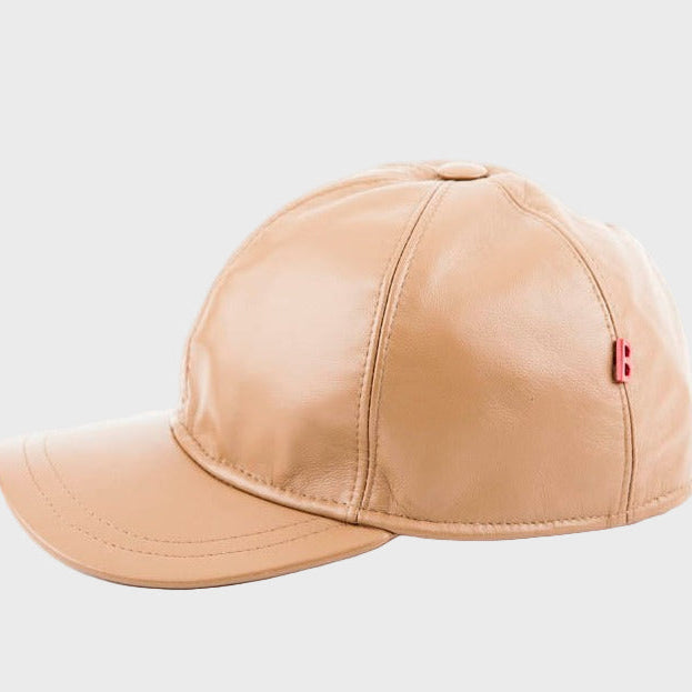 A beige leather baseball cap.