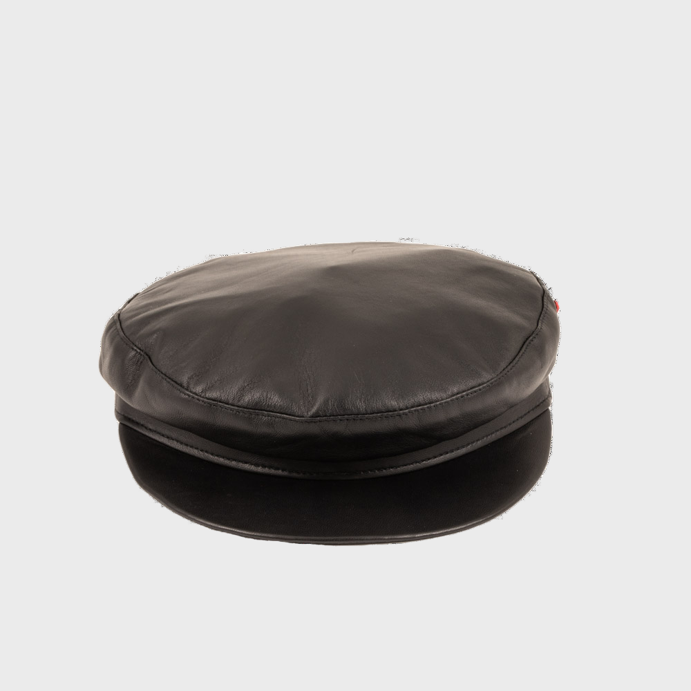 Black leather stewart cap on a light gray background