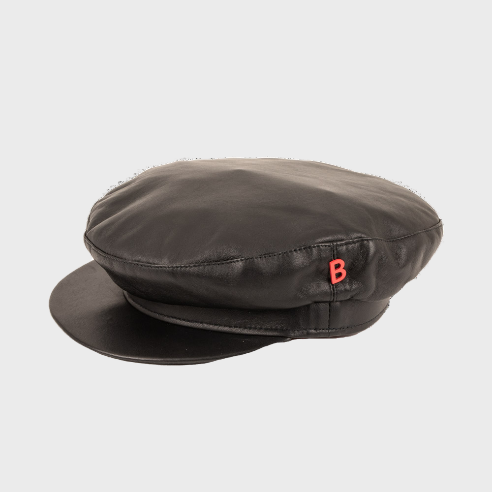 Black cap with a red 'B' logo on a light gray background