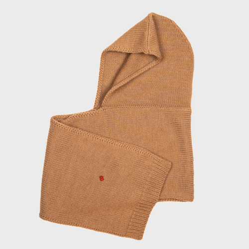 Brown wool hat scarf with a small red logo pinned on it on a light gray background