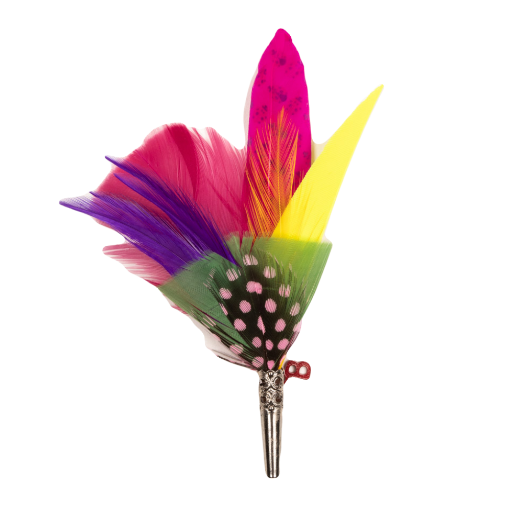 A feather brooch with a vibrant, multicolored feathers, featuring patterns of pink, yellow, green, and purple, attached to a metal staple.