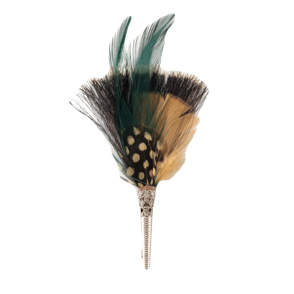 A feather brooch, featuring a black base color with green, brown, and yellow accents, and a metallic clasp.