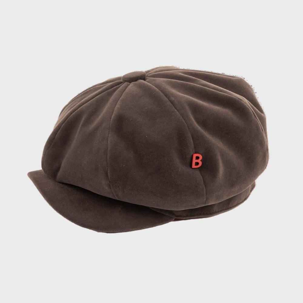 Brown grey cap with a red 'B' logo on a light gray background
