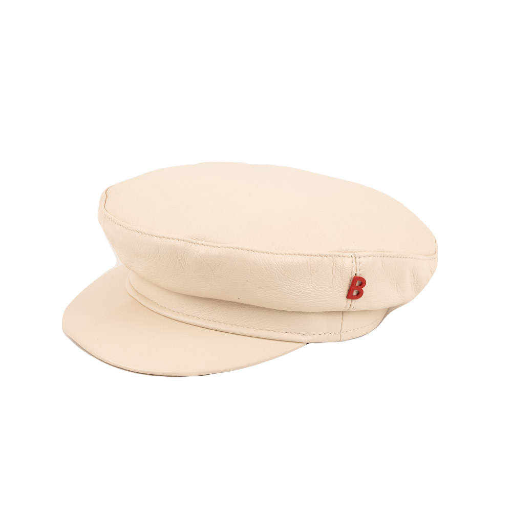 A white leather stewart cap with a B red logo.