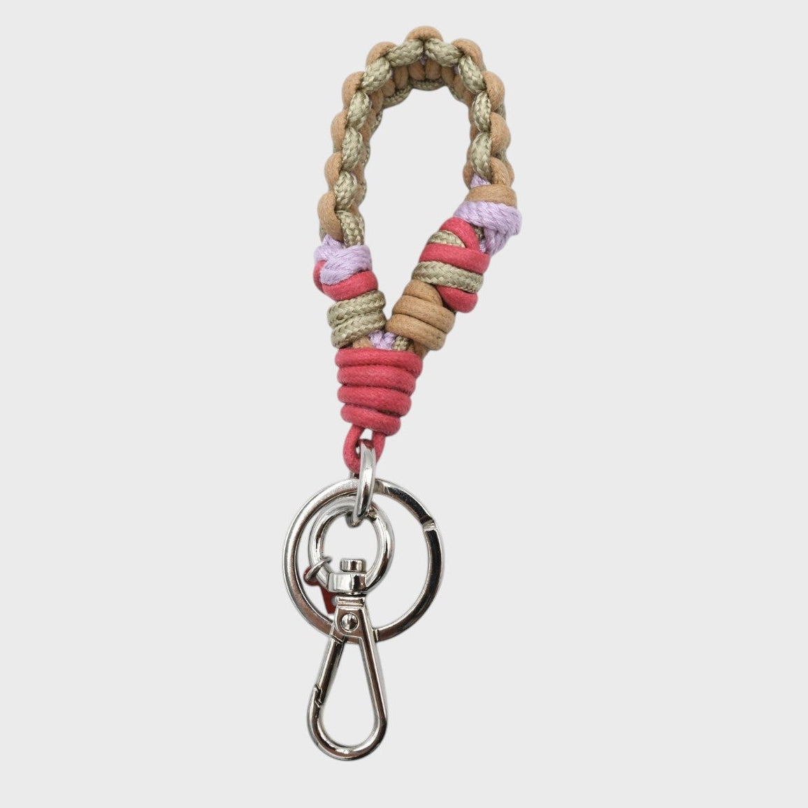 A braided macramé keychain or bag clip in beige, pink and light green, featuring a silver metal clasp. 