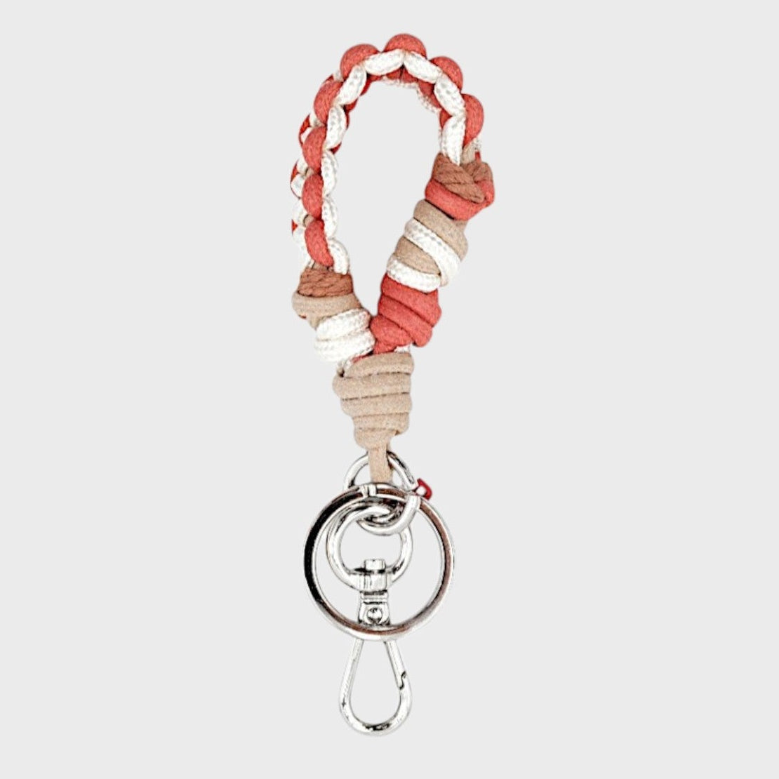 A braided macramé keychain or bag clip in red, white and beige, featuring a silver metal clasp. 
